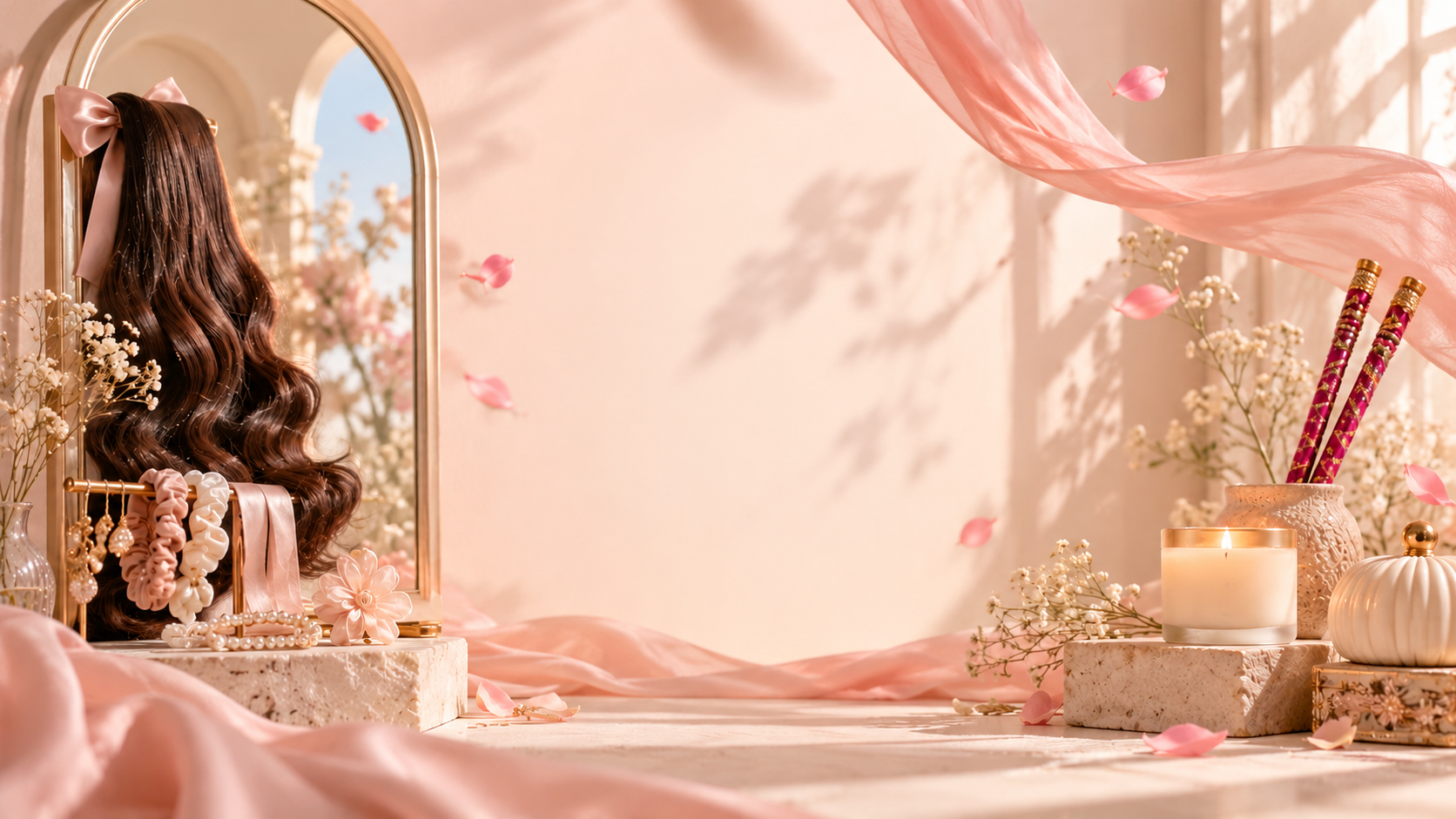 WIND FLOW hair extensions, accessories, candles and festive decor on a rose-gold vanity